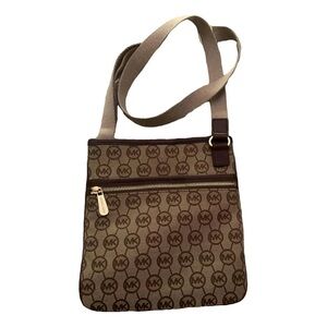Michael Kors Kempton Monogram Logo Canvas Leather Crossbody Bag Brown Designer